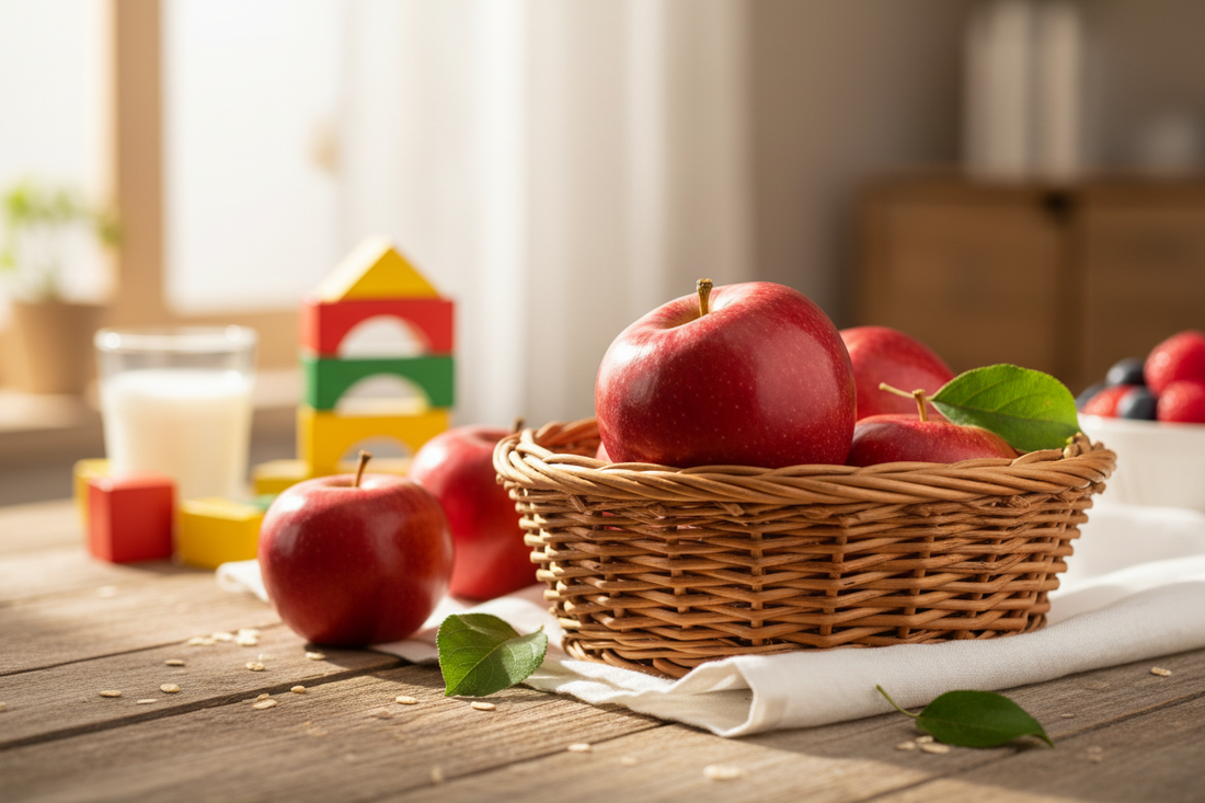 Maçã vermelha em cesta, simbolizando alimentação infantil saudável