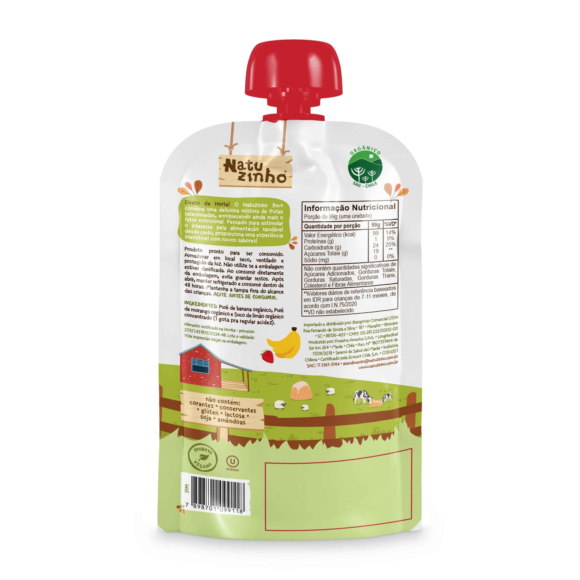 Papinha Organica Natural de Fruta sabor Morango e Banana Natuzinho - embalagem verso