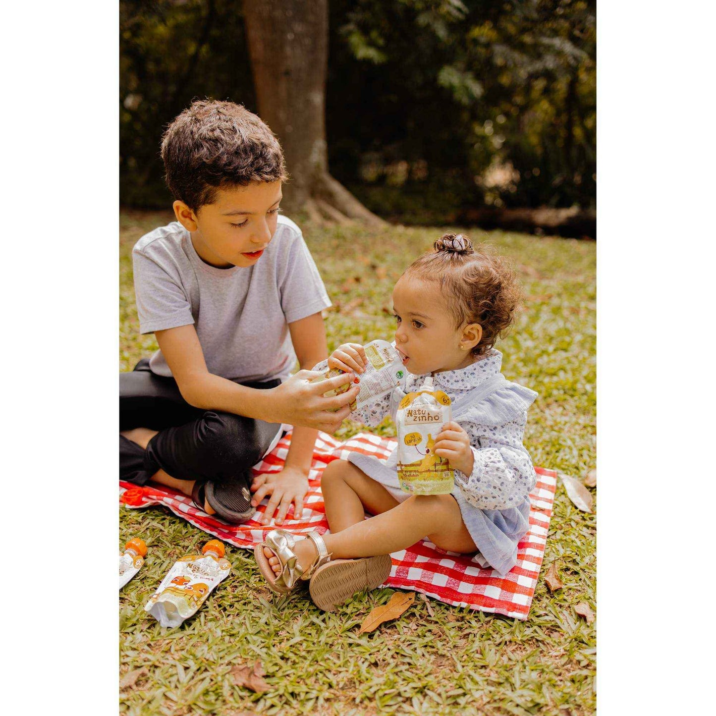 Kit Papinha Organica Natuzinho Banana Bebe 12 unidades - crianças no parque consumindo natuzinho